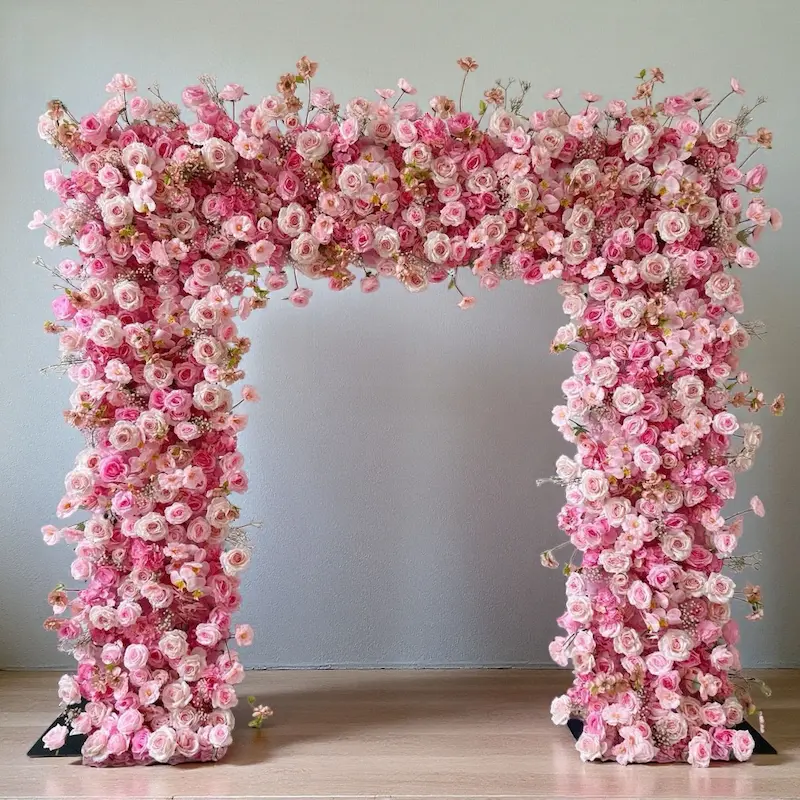 Mixed Pink Rose Flower Arch – Dense Floral Arch with Metal Stand for Wedding Ceremony
