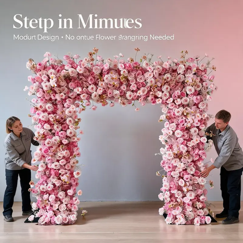Mixed Pink Rose Flower Arch – Dense Floral Arch with Metal Stand for Wedding Ceremony