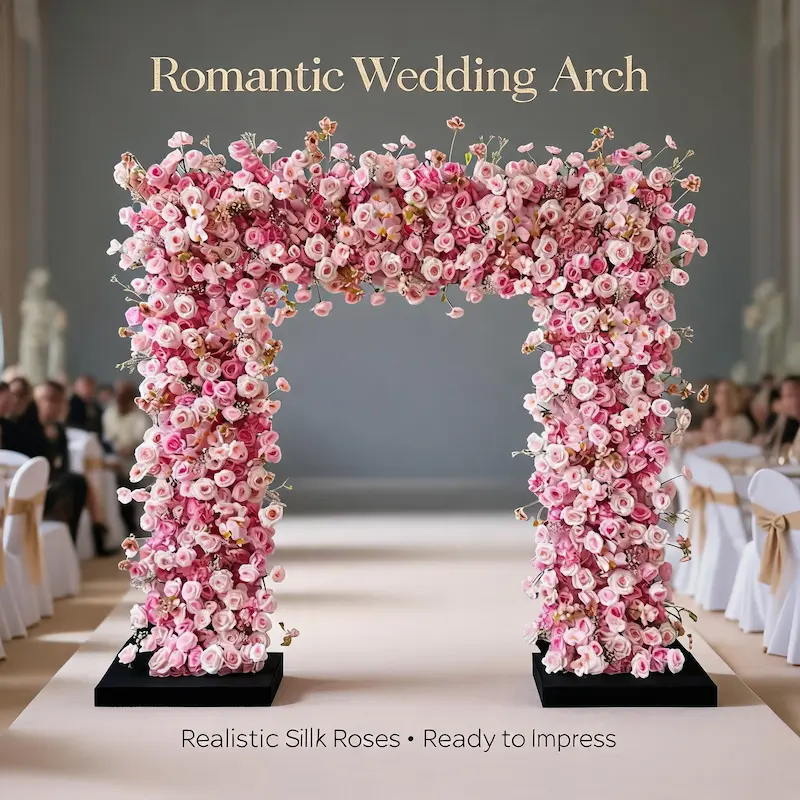 Mixed Pink Rose Flower Arch – Dense Floral Arch with Metal Stand for Wedding Ceremony