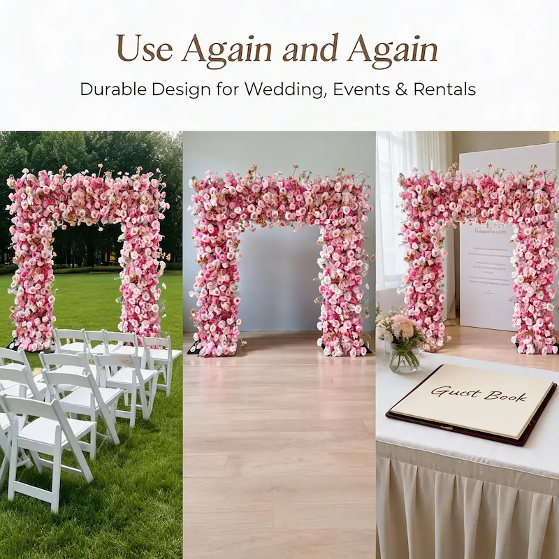 Mixed Pink Rose Flower Arch – Dense Floral Arch with Metal Stand for Wedding Ceremony