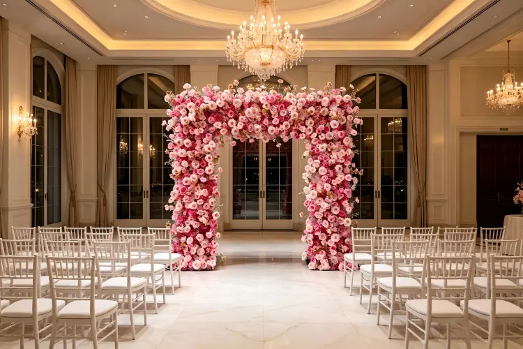 mixed pink rose flower arch wedding ballroom ceremony