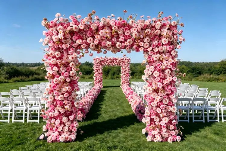 pink flower arch and runner matching wedding decor set