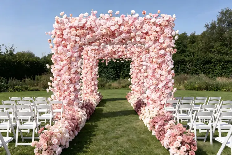 pink flower arch and runner matching wedding decor set