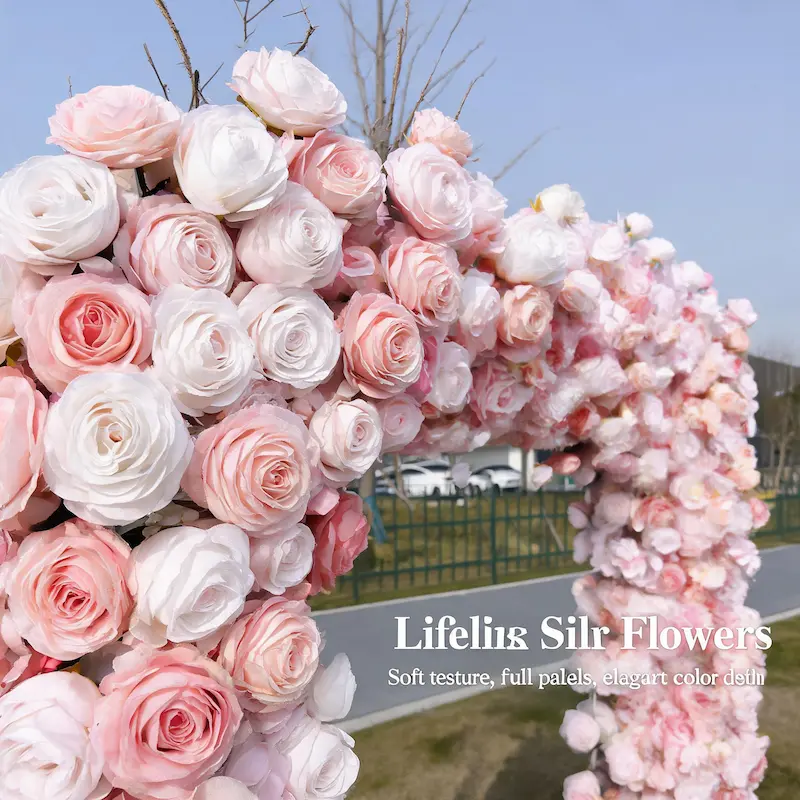 8ft Pink Rose Flower Arch – Dense Blush Pink Floral Arch with Metal Stand for Wedding