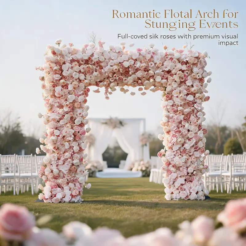 8ft Pink Rose Flower Arch – Dense Blush Pink Floral Arch with Metal Stand for Wedding