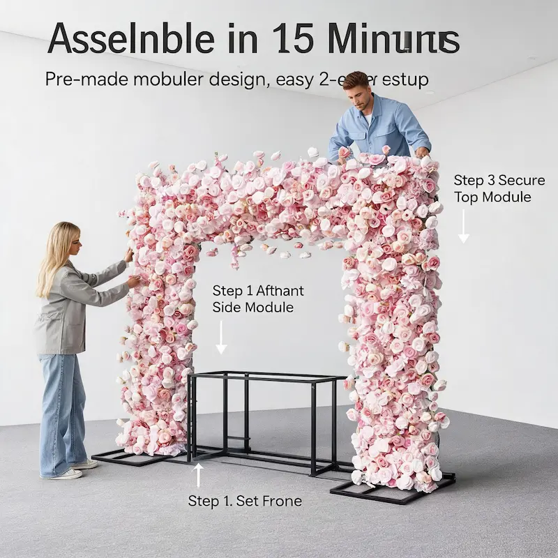 8ft Pink Rose Flower Arch – Dense Blush Pink Floral Arch with Metal Stand for Wedding