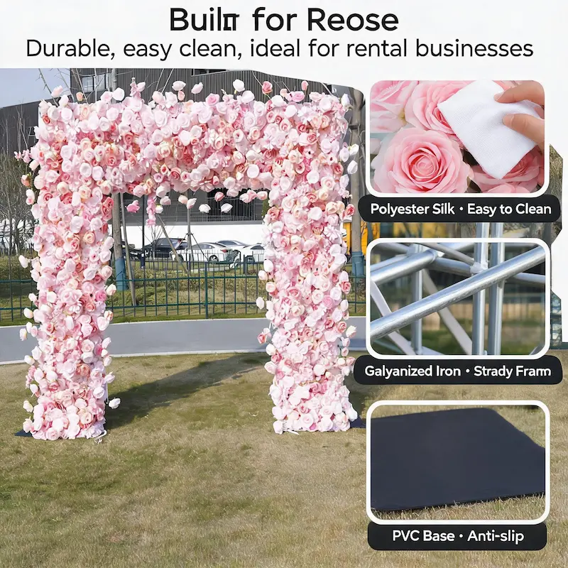 8ft Pink Rose Flower Arch – Dense Blush Pink Floral Arch with Metal Stand for Wedding