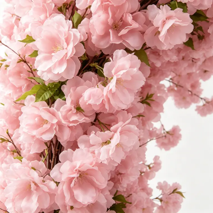 Close-up Detail of Dense Pink Cherry Blossoms and Green Foliage on Artificial Flower Arch