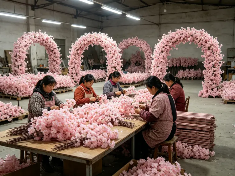 Artificial Flower Factory Production Line Workers Handmade Assembly Workshop for Flower Arches