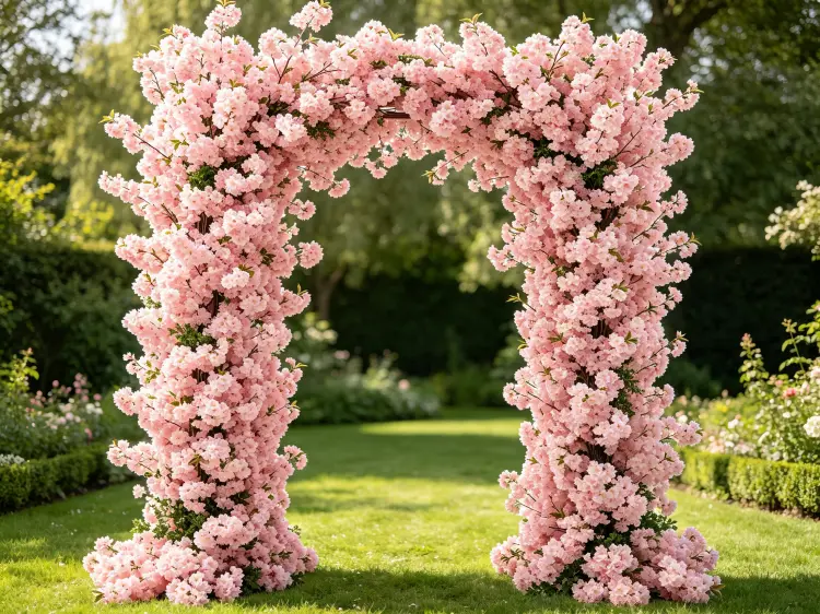 Pink Cherry Blossom Arch at Romantic Outdoor Garden Ceremony with Dense Sakura Flowers