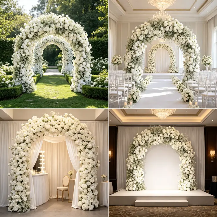 White Floral Arch in Multiple Elegant Settings Garden Ceremony Ballroom Photo Booth