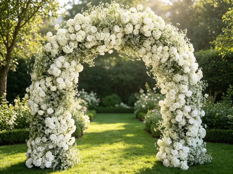 White Floral Arch at Elegant Outdoor Garden Ceremony with Dense White Flowers