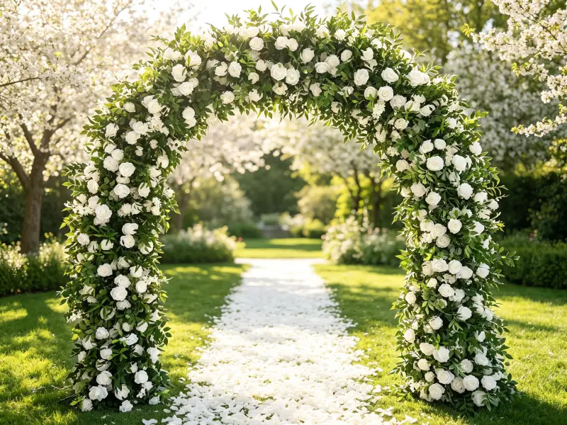 Spring Wedding Arch at Fresh Garden Ceremony with White Roses and Lush Green Foliage