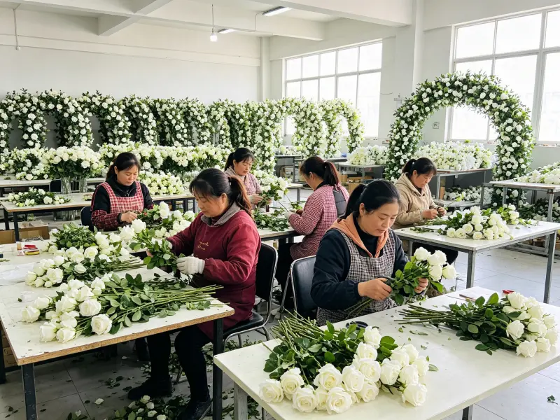 Artificial Flower Factory Production Line Workers Handmade Assembly Workshop for Flower Arches