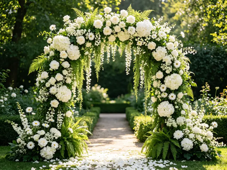 Wedding Arch with Stand at Boho Garden Ceremony with Cascading White Flowers and Green Vines