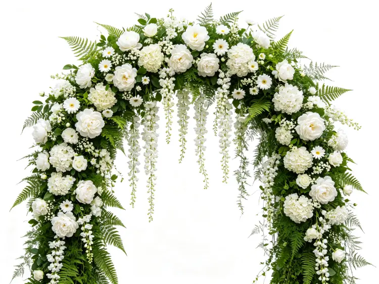 Wedding Arch with Stand Front View Full U-shape White Green Cascading on White Background