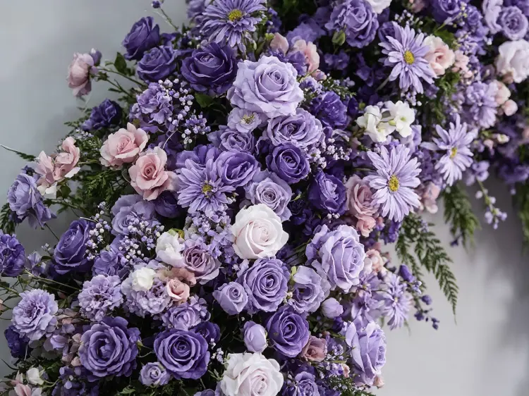 Close-up Detail of Purple Roses Lavender Daisies with Yellow Centers Blush Pink Roses and Green Fern