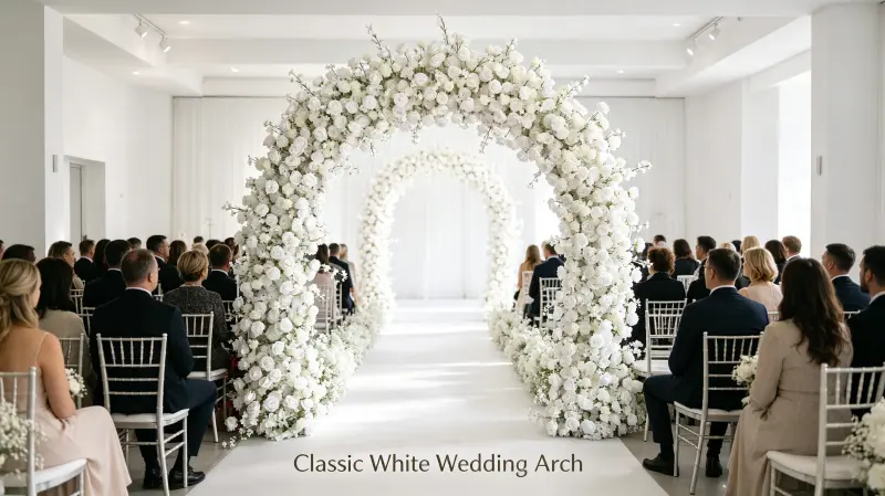 All White Rose Flower Arch at Classic Wedding Ceremony with Cherry Blossom Branches