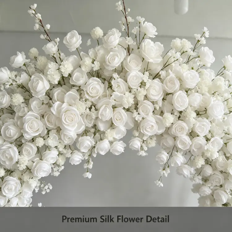 White Rose Flower Arch Detail Close-up with Cherry Blossom Branches and Baby's Breath