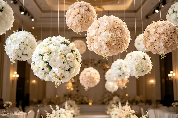 hanging flower ball ceiling installation wedding decor