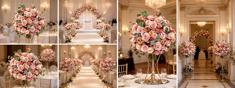 silk flower ball multiple wedding scenes ceremony reception aisle entry