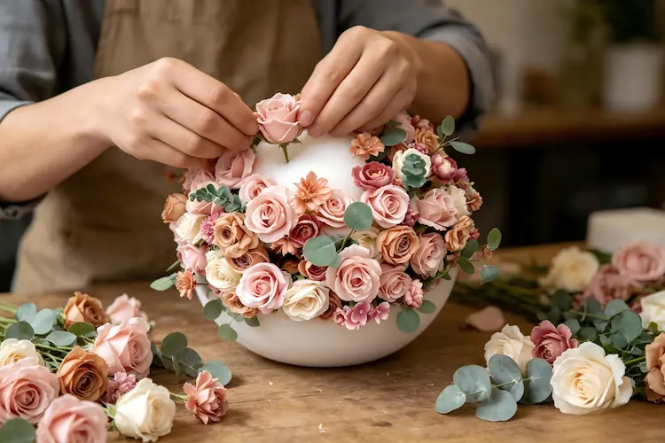 artisan handcrafting silk flower ball