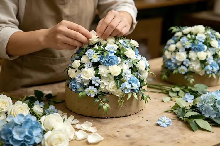 artisan handcrafting flower ball centerpiece