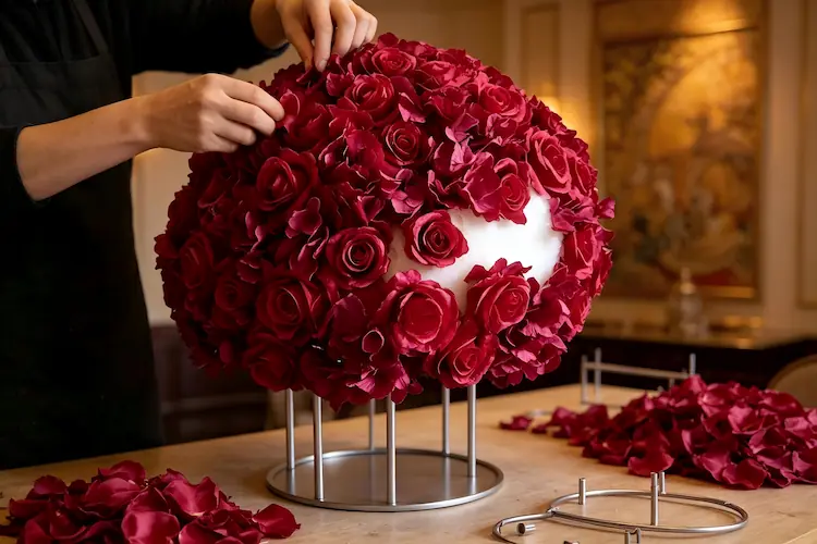 artisan handcrafting silk flower ball wedding decor
