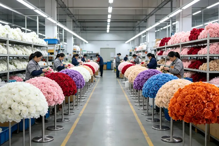 silk flower ball wedding decor factory production line