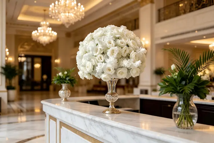 white rose flower ball hotel lobby anniversary decor