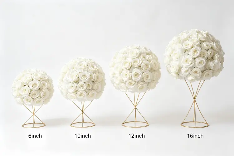 white rose flower ball size comparison 6 10 12 16 inch