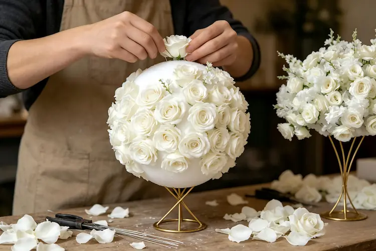 artisan handcrafting white rose flower ball