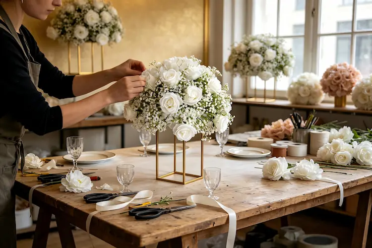 floral designer working with silk flower ball arrangements