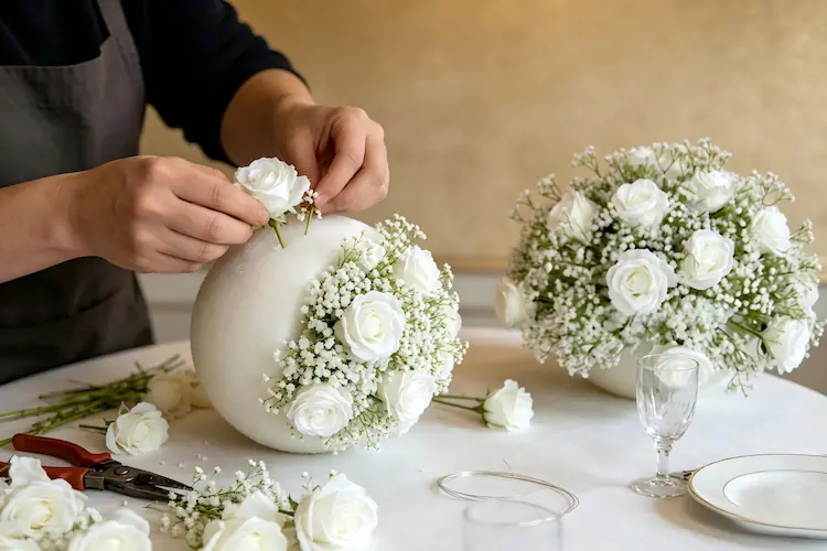 artisan handcrafting silk flower ball