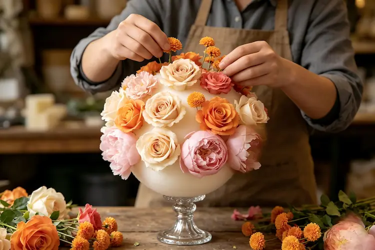 artisan handcrafting red rose flower ball