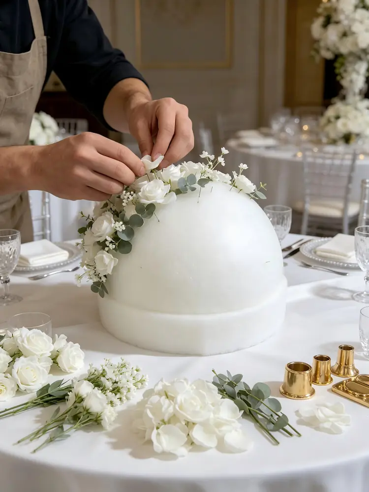artisan handcrafting flower ball centerpiece