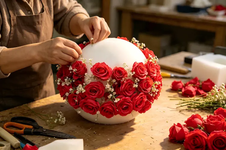 artisan handcrafting table flower ball