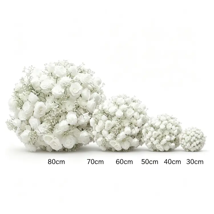 White Artificial Flower Ball Size Comparison 30cm 40cm 50cm 60cm 70cm 80cm Diameter