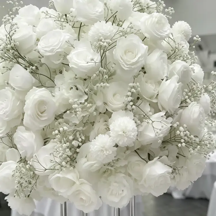 Close-up Detail of White Artificial Flower Ball with Roses Hydrangea and Baby's Breath