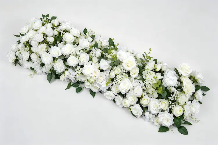 white artificial flower runner full view flat lay with silk flowers