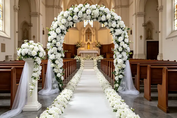 white flower runner with arch wedding ceremony aisle decor