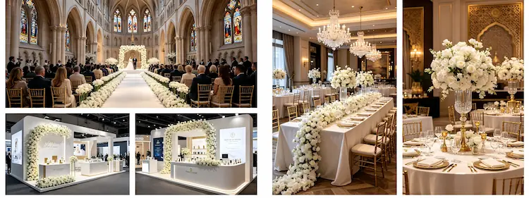 international wedding cases using white flower runners