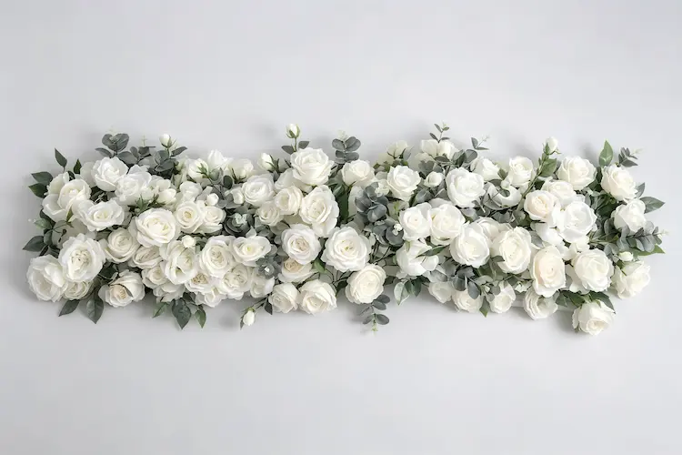 silk artificial flower runner full view flat lay with silk flowers