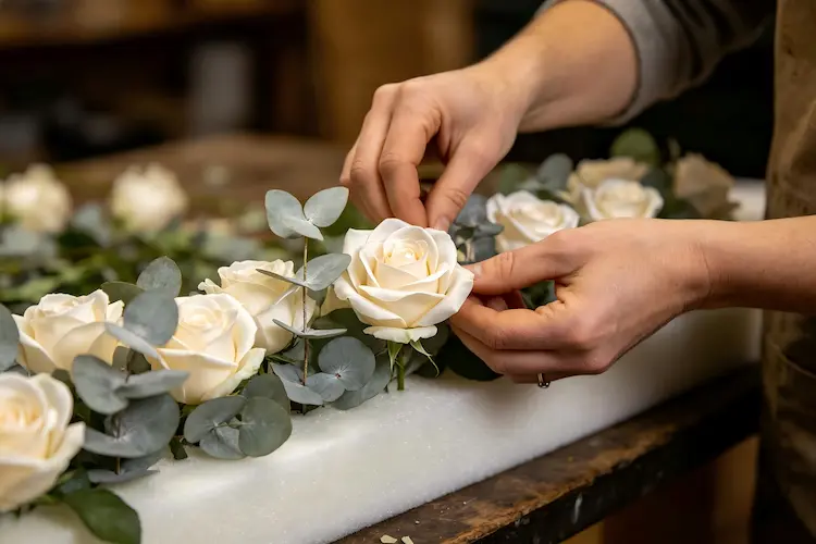 artisan handcrafting silk flower runner