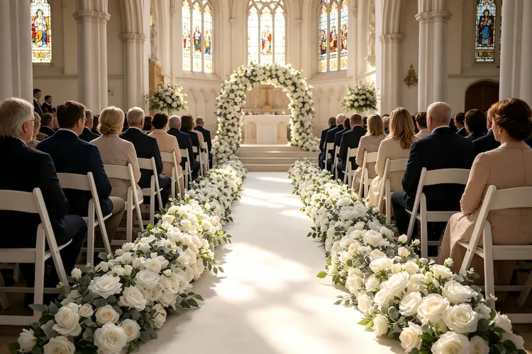 silk flower runner on wedding aisle with roses hydrangeas and greenery