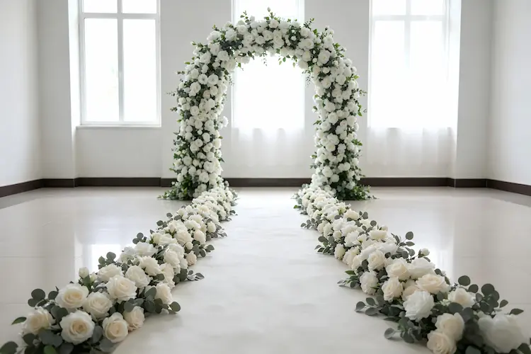 silk flower runner with arch wedding ceremony aisle decor