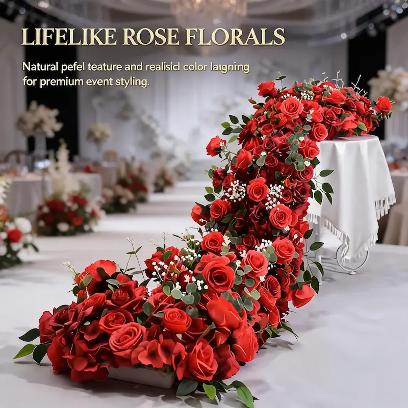 Red Flower Runner – Artificial Red Rose Aisle Runner for Weddings & Events