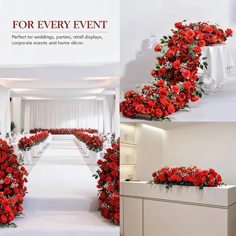 Red Flower Runner – Artificial Red Rose Aisle Runner for Weddings & Events