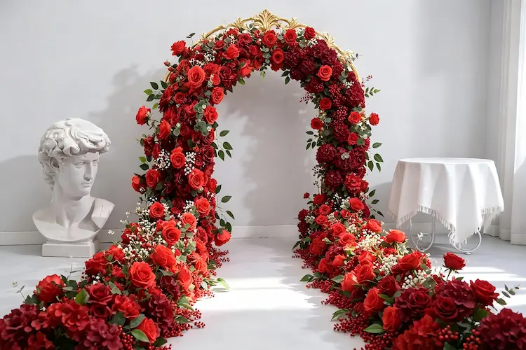 red flower runner with golden arch wedding ceremony aisle decor