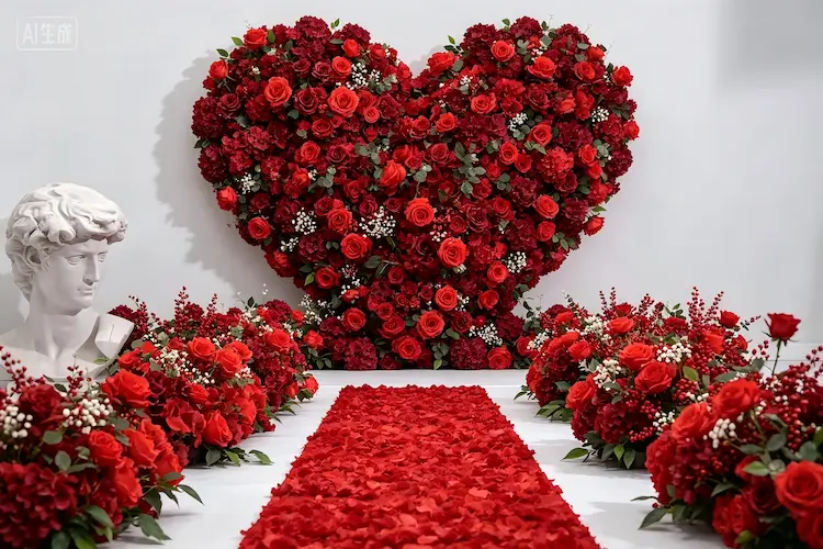 red flower runner with heart shaped flower wall wedding decor
